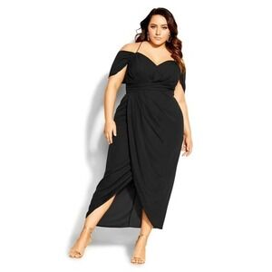 City Chic Entwine Ruched Cold Shoulder Tulip Midi Dress Black Plus Size L 20